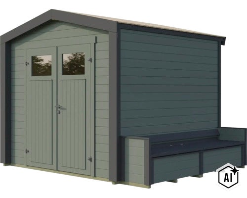 Abri de jardin en bois avec double porte, fenêtres et banc intégré sur la paroi latérale, design moderne pour extérieur. (Image AI modified or generated)