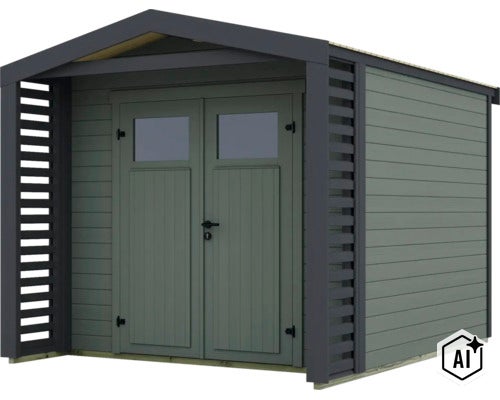 Abri de jardin en bois avec toit à deux pans et double porte incluant des fenêtres et des parois à lamelles sur le devant. (Image AI modified or generated)