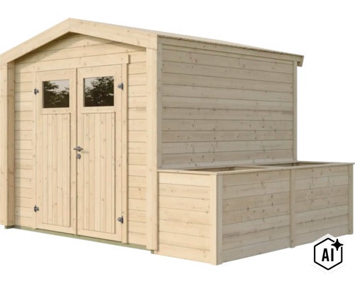 Abri de jardin en bois avec porte double, fenêtres vitrées et annexe latérale pour outils de jardin ou jardinière. (Image AI modified or generated)