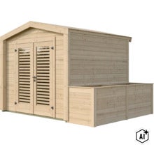 Abri de jardin en bois avec double porte et jardinière intégrée pour le jardin (Image AI modified or generated)