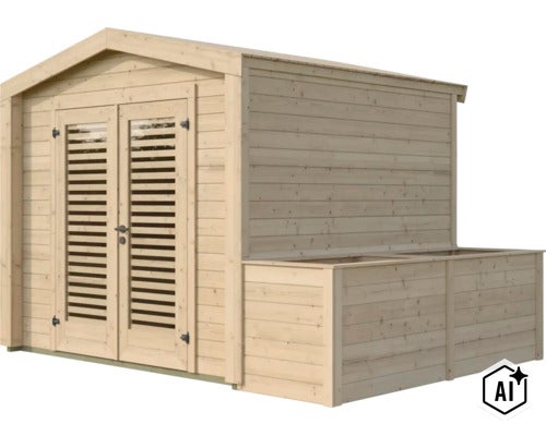Abri de jardin en bois avec double porte et jardinière intégrée pour le jardin (Image AI modified or generated)