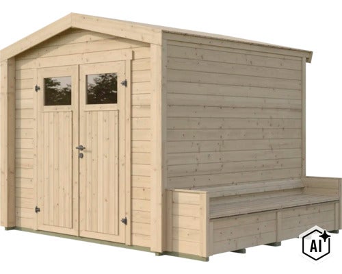 Abri de jardin en bois avec porte double et banc intégré au design moderne pour l extérieur. (Image AI modified or generated)