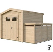 Abri de jardin en bois avec double porte et extension intégrée pour bois de chauffage ou vélos (Image AI modified or generated)