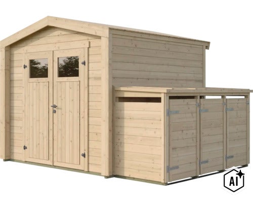 Abri de jardin en bois avec double porte et extension intégrée pour bois de chauffage ou vélos (Image AI modified or generated)