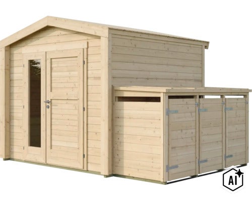 Abri de jardin en bois avec appentis intégré pour le rangement (Image AI modified or generated)