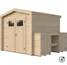Abri de jardin en bois avec double porte et extension latérale avec étagères (Image AI modified or generated)