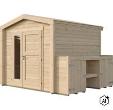 Abri de jardin en bois avec porte double et extension intégrée pour espace de rangement (Image AI modified or generated)