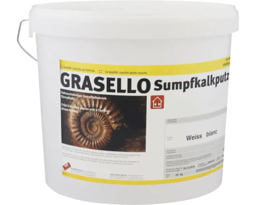 Grasello Sumpfkalkputz, weiß, im 25 Kilogramm Kübel, gebrauchsfertiger Sumpfkalkabrieb für den Innenbereich.