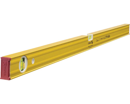 Niveau à bulle Stabila jaune en aluminium avec fioles et embouts rouges.