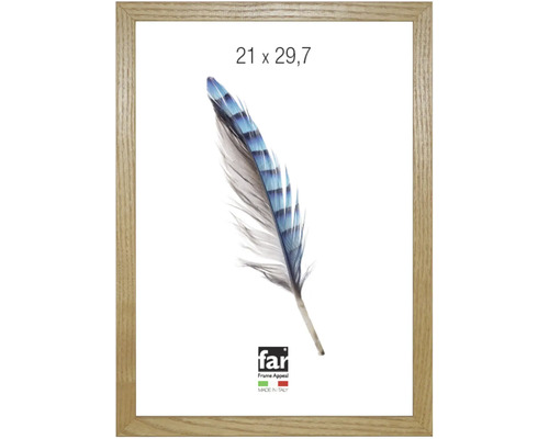 Cadre photo en bois aspect chêne pour le format 21 par 29,7 centimètres avec un insert représentant une plume.