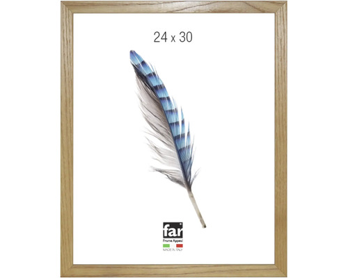 Bilderrahmen aus Holz in der Größe 24 mal 30 Zentimeter mit einer blauen Feder als Motiv.