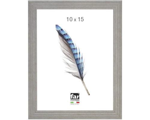 Bilderrahmen far Frame Appeal in Grau mit Holzstruktur und Feder Motiv in 10 mal 15 Zentimeter.