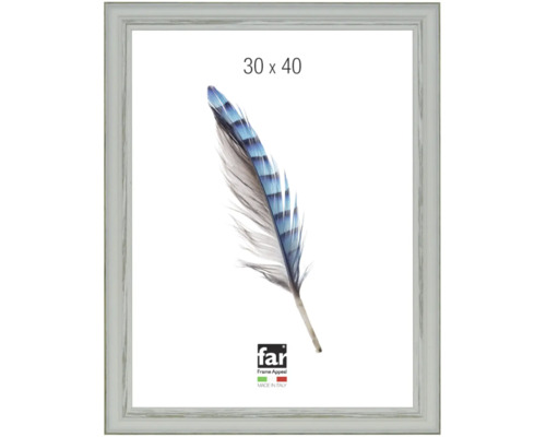 Bilderrahmen 30 mal 40 Zentimeter im Shabby-Chic-Stil, Feder-Motiv, Holzoptik, Hergestellt in Italien, far Frame Appeal Logo.