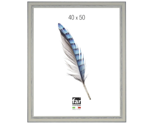Bilderrahmen aus Holz in Grau und Weiß, 40 mal 50 Zentimeter, Einleger mit Federmotiv, far Frame Appeal Logo, Siegel hergestellt in Italien.