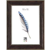 Bilderrahmen in Holzoptik, dunkelbraun mit silberner Innenkante, 10 mal 15 Zentimeter, Hergestellt in Italien, FAR Frame Appeal Logo.