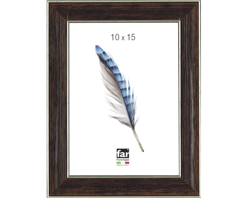 Bilderrahmen in Holzoptik, dunkelbraun mit silberner Innenkante, 10 mal 15 Zentimeter, Hergestellt in Italien, FAR Frame Appeal Logo.