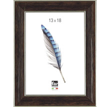 Bilderrahmen in Holzoptik dunkelbraun, 13 mal 18 Zentimeter, far Frame Appeal Logo, hergestellt in Italien.