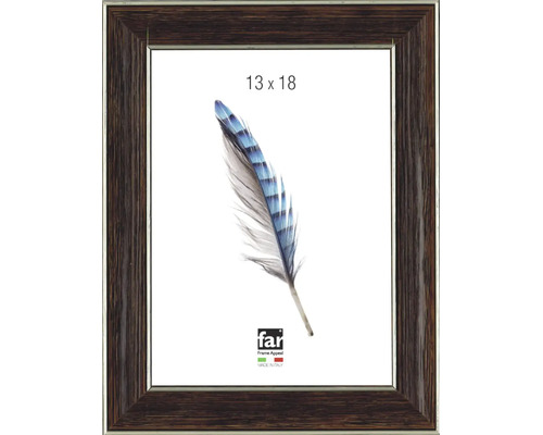 Bilderrahmen in Holzoptik dunkelbraun, 13 mal 18 Zentimeter, far Frame Appeal Logo, hergestellt in Italien.