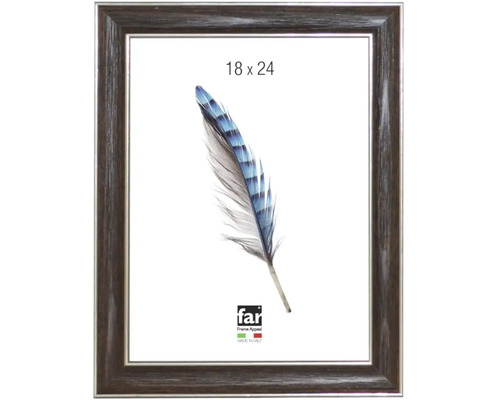 Bilderrahmen in dunkler Holzoptik mit silberner Innenkante, Format 18 mal 24 Zentimeter, Far Frame Appeal Logo.