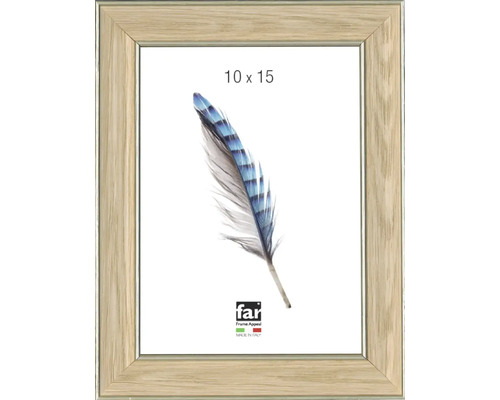 Bilderrahmen in Eichenoptik mit silberner Innenkante für Bilder im Format 10 mal 15 Zentimeter, far Frame Appeal Logo.