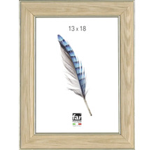 Bilderrahmen aus Holz in Eiche-Optik, Format 13 mal 18 Zentimeter, mit silberner Innenkante, far Frame Appeal Logo.