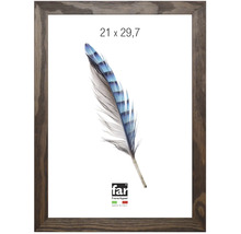 Dunkler Bilderrahmen in Holzoptik 21 mal 29,7 Zentimeter mit Feder-Motiv far Frame Appeal Logo.