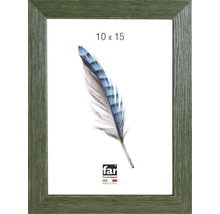 Grüner Bilderrahmen mit Holzstruktur, Format 10 mal 15 Zentimeter, inklusive Einleger mit Federmotiv.