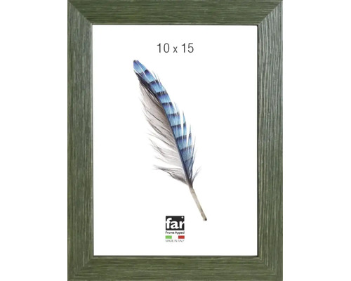 Cadre photo vert avec structure en bois, format 10 par 15 centimètres, avec illustration d une plume.