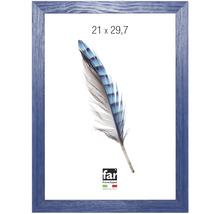 Bilderrahmen aus Holz in Blau mit sichtbarer Maserung, Format 21 mal 29,7 Zentimeter, far Frame Appeal Logo.