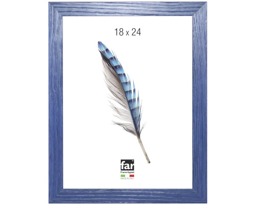 Cadre photo en bois avec veinage bleu, format 18 par 24 centimètres.