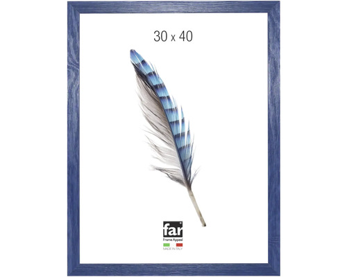 Cadre photo bleu en bois avec veinure visible, 30 sur 40 centimètres, rectangulaire.