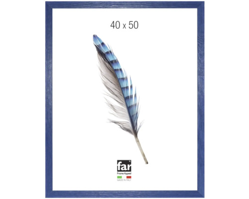 Bilderrahmen mit Holzstruktur, 40 mal 50 Zentimeter, blau, hergestellt in Italien, Far Frame Appeal Logo.