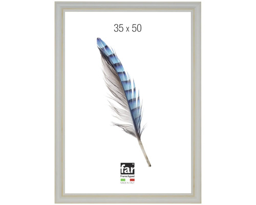 Bilderrahmen 35 mal 50 Zentimeter mit Federmotiv auf dem Einleger, far Frame Appeal Logo und Kennzeichnung hergestellt in Italien.