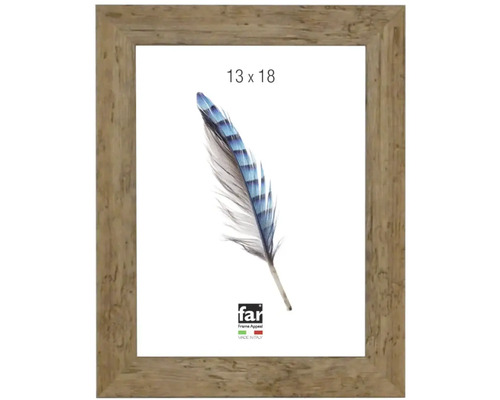 Bilderrahmen aus Holz für Fotos im Format 13 mal 18 Zentimeter mit Federmotiv und far Logo.