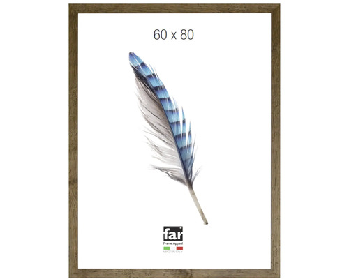 Bilderrahmen in Holzoptik, 60 mal 80 Zentimeter, inklusive Einleger mit Federmotiv und Logo von far Frame Appeal.