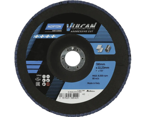 Disque à lamelles Norton Vulcan Aggressive Cut, diamètre 180 millimètres, alésage 22,23 millimètres, grain 40.