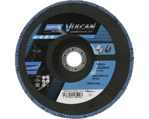 Disque à lamelles Norton Vulcan Aggressive Cut, 180 millimètres x 22,23 millimètres, grain 80 pour métal.
