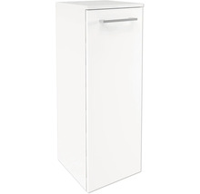Badezimmerschrank in Weiss mit einer Tür und einem silberfarbenen Metallgriff.
