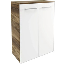 Zweitüriger Badezimmerschrank mit Korpus in Holzoptik, weißen Fronten und silberfarbenen Griffen.