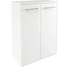 Weißer Badezimmerschrank mit zwei Türen und silberfarbenen Griffen.