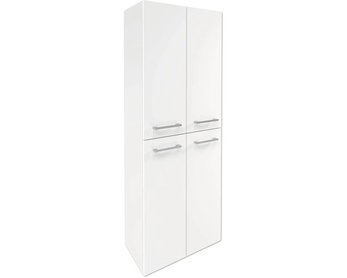 Armoire haute de salle de bain blanche avec quatre portes et poignées argentées.