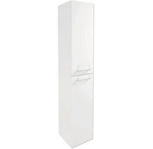 Weißer Badezimmer-Hochschrank mit zwei Türen und horizontalen Griffen.