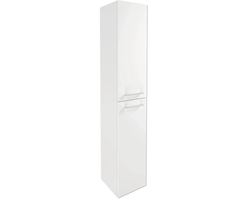 Armoire haute de salle de bains blanche avec deux portes et poignées horizontales.