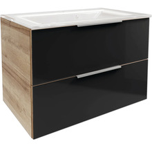 Waschbeckenunterschrank mit zwei Schubladen, schwarzer Front, Korpus in Eiche-Optik und weißem Waschtisch.