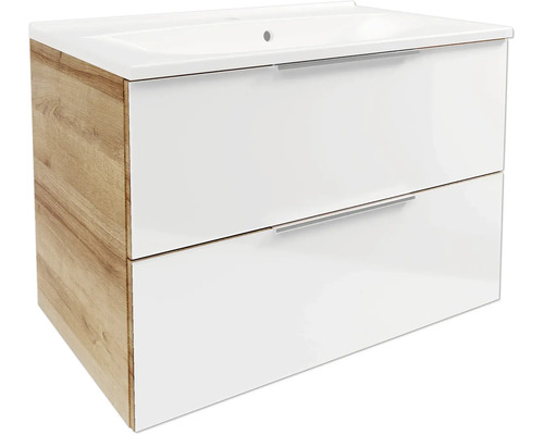 Waschtischunterschrank mit Waschbecken, zwei weiße Schubladen mit Metallgriffen, Seitenteile in heller Holzoptik.