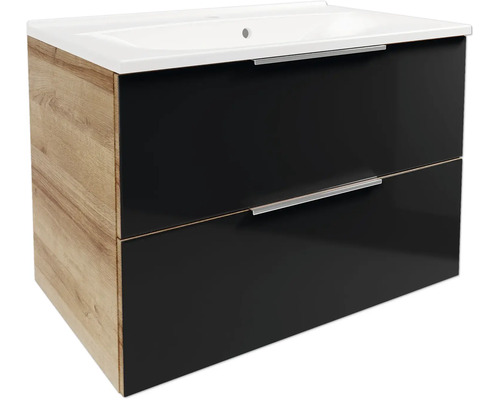 Meuble sous-vasque avec deux tiroirs en noir brillant, parois latérales aspect chêne, avec vasque blanche.