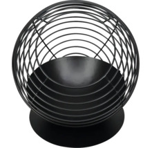 Kugelförmige Feuerschale aus schwarzem Metall mit Gitterstruktur für Garten und Terrasse.