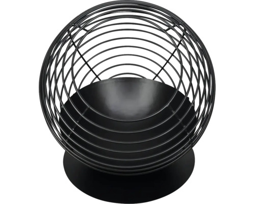 Kugelförmige Feuerschale aus schwarzem Metall mit Gitterstruktur für Garten und Terrasse.