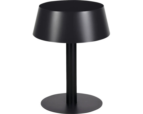 Moderne schwarze Tischleuchte aus Metall mit rundem Standfuss und kegelförmigem Schirm.