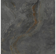 Carreau en grès cérame aspect ardoise, gris foncé avec des accents brun rouille, surface structurée.
